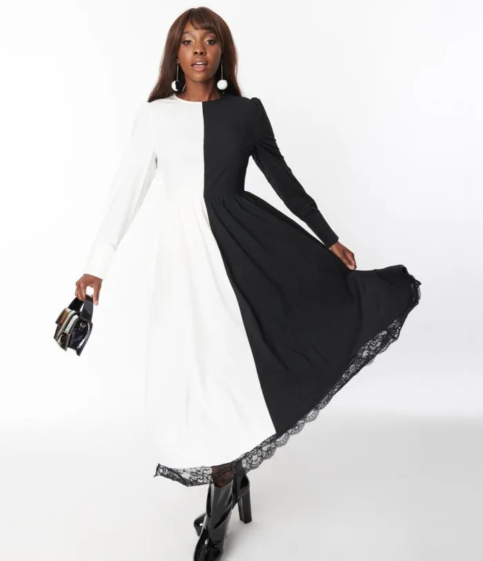 1970s Black and White Sisters Of The Moon Maxi Dress DressesPlus Unique Vintage Midi and Maxi