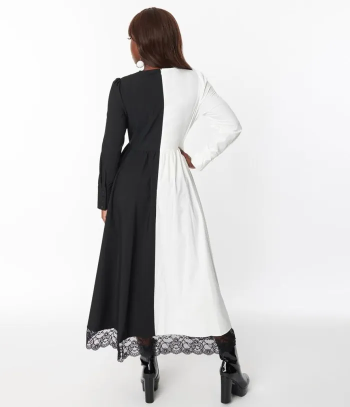 1970s Black and White Sisters Of The Moon Maxi Dress DressesPlus Unique Vintage Midi and Maxi
