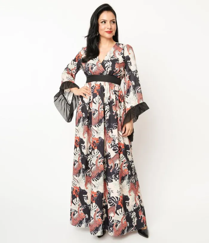 1970s Black Jungle Cat Print Maxi Dress Dresses Unique Vintage Maxi