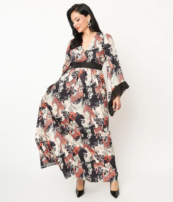 1970s Black Jungle Cat Print Maxi Dress Dresses Unique Vintage Maxi
