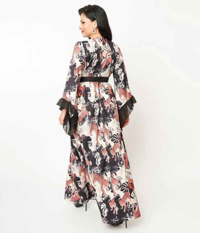 1970s Black Jungle Cat Print Maxi Dress Dresses Unique Vintage Maxi