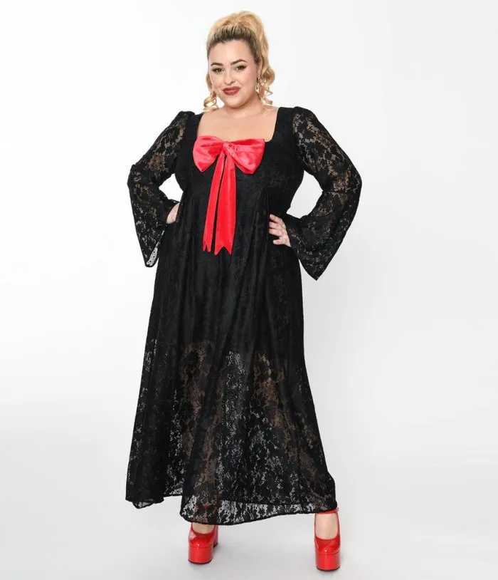 1970s Black Lace and Interchangeable Bow Priscilla Maxi Dress DressesPlus Unique Vintage Midi and Maxi 1970s Black Lace and Interchangeable Bow Priscilla Maxi Dress DressesPlus Unique Vintage Midi and Maxi