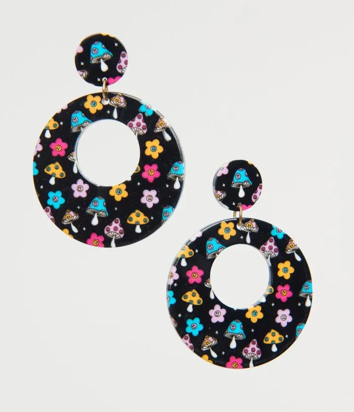1970s Black Mushroom and Floral Print Hoop Earrings Accessories Unique Vintage Earrings 1970s Black Mushroom and Floral Print Hoop Earrings Accessories Unique Vintage Earrings