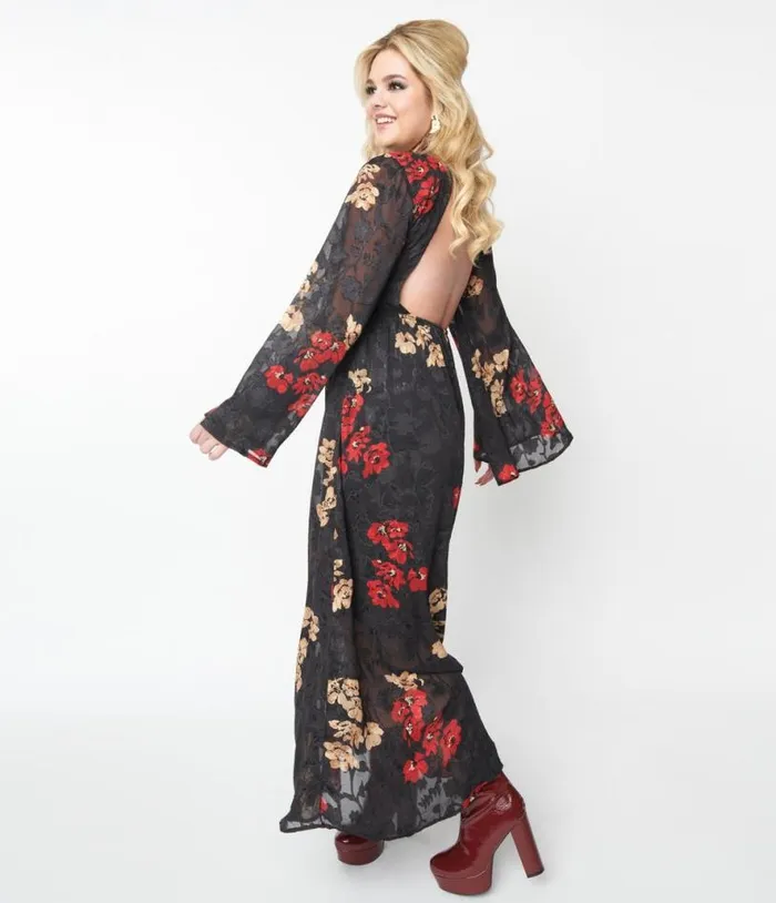 1970s Black Red and Gold Floral Bell Sleeve Maxi Dress Dresses Unique Vintage Maxi