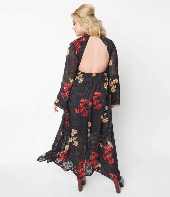 1970s Black Red and Gold Floral Bell Sleeve Maxi Dress Dresses Unique Vintage Maxi