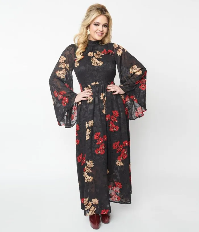 1970s Black Red and Gold Floral Bell Sleeve Maxi Dress Dresses Unique Vintage Maxi