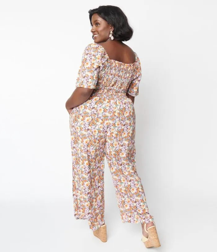 1970s Brown Daisy Floral Jumpsuit Clothing Unique Vintage Rompers and Jumpsuits