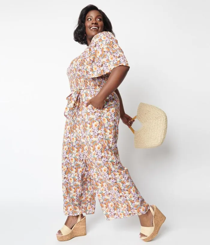 1970s Brown Daisy Floral Jumpsuit Clothing Unique Vintage Rompers and Jumpsuits