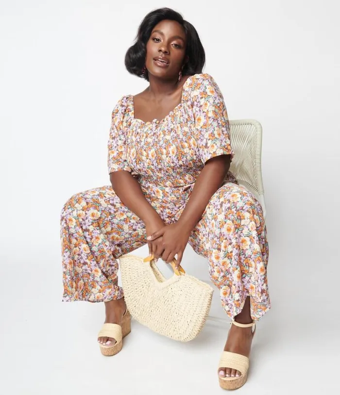 1970s Brown Daisy Floral Jumpsuit Clothing Unique Vintage Rompers and Jumpsuits