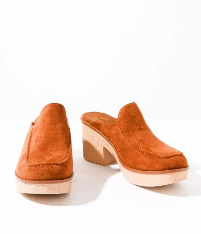 1970s Brown Faux Suede Platform Mule Heels Shoes Unique Vintage Sandals