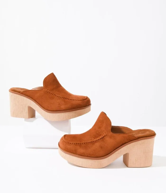 1970s Brown Faux Suede Platform Mule Heels Shoes Unique Vintage Sandals