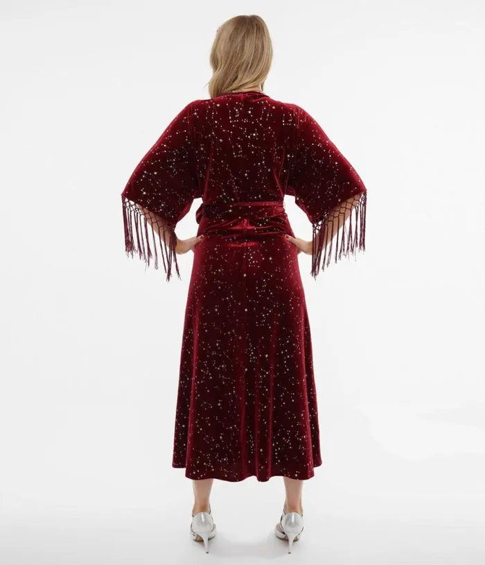 1970s Burgundy Velvet Silver Star Wrap Midi Dress Dresses Unique Vintage Wrap Dresses