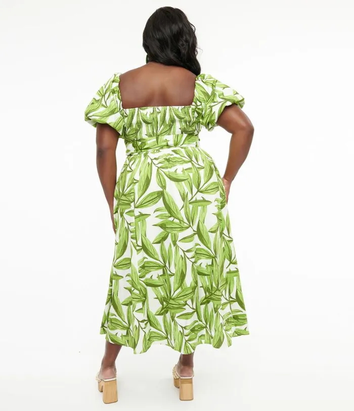 1970s Ivory and Green Leaf Cotton Midi Dress Dresses Unique Vintage Pocket Dresses