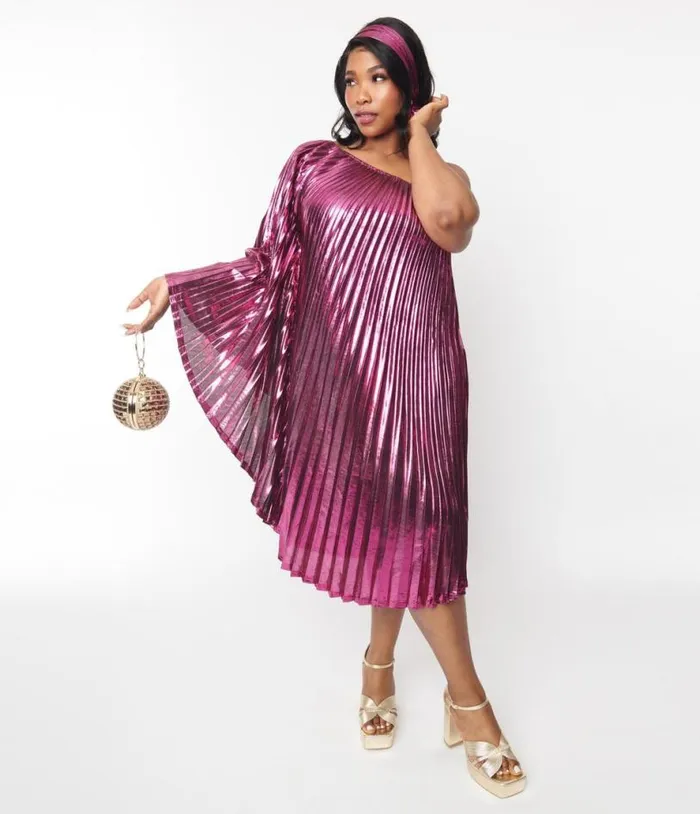 1970s Metallic Magenta Pleated Caftan DressesPlus Unique Vintage Midi and Maxi