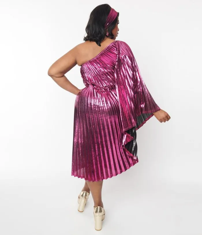 1970s Metallic Magenta Pleated Caftan DressesPlus Unique Vintage Midi and Maxi