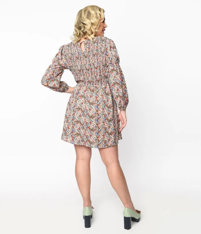 1970s Multicolor Ditsy Floral Babydoll Dress DressesPlus Unique Vintage Babydoll