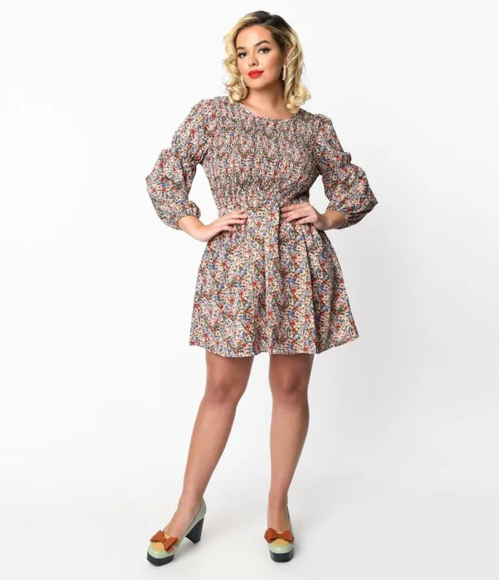 1970s Multicolor Ditsy Floral Babydoll Dress DressesPlus Unique Vintage Babydoll