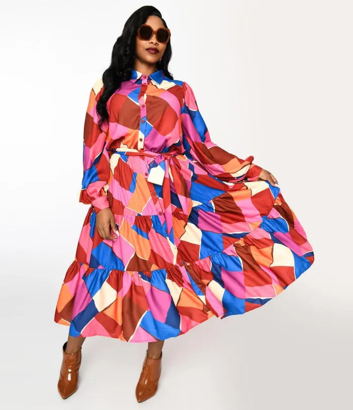 1970s Multicolor Geometric Tiered Maxi Shirt Dress DressesPlus Unique Vintage Midi and Maxi 1970s Multicolor Geometric Tiered Maxi Shirt Dress DressesPlus Unique Vintage Midi and Maxi