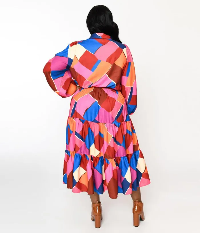 1970s Multicolor Geometric Tiered Maxi Shirt Dress DressesPlus Unique Vintage Midi and Maxi