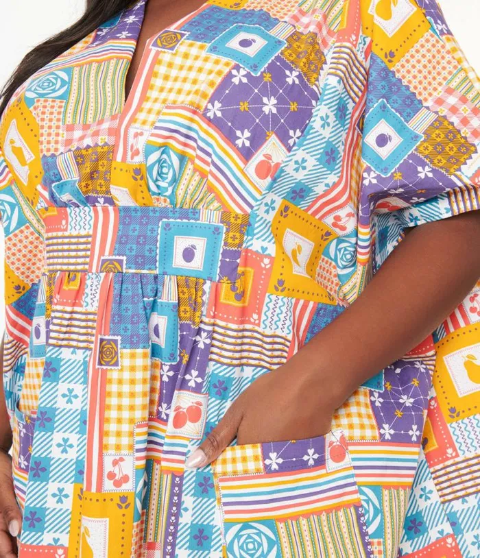 1970s Multicolor Patchwork Print Midi Caftan DressesPlus Unique Vintage Midi and Maxi