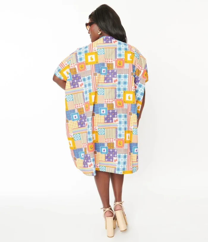 1970s Multicolor Patchwork Print Midi Caftan DressesPlus Unique Vintage Midi and Maxi