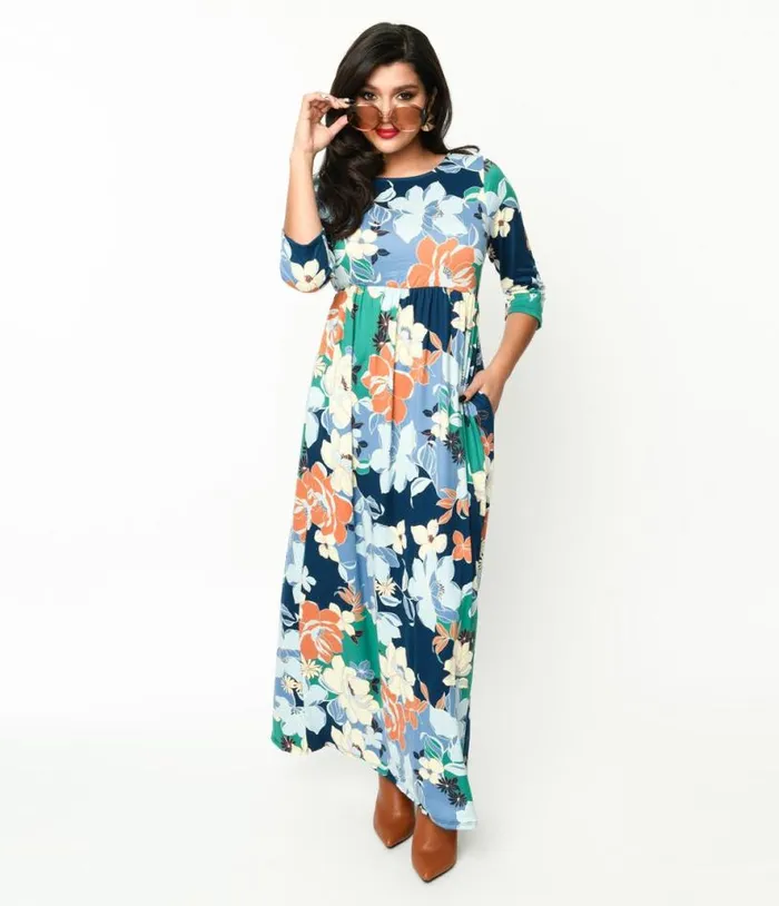 1970s Navy and Multicolor Floral Knit Maxi Dress DressesPlus Unique Vintage Midi and Maxi