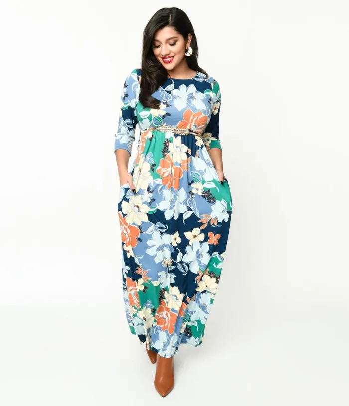 1970s Navy and Multicolor Floral Knit Maxi Dress DressesPlus Unique Vintage Midi and Maxi