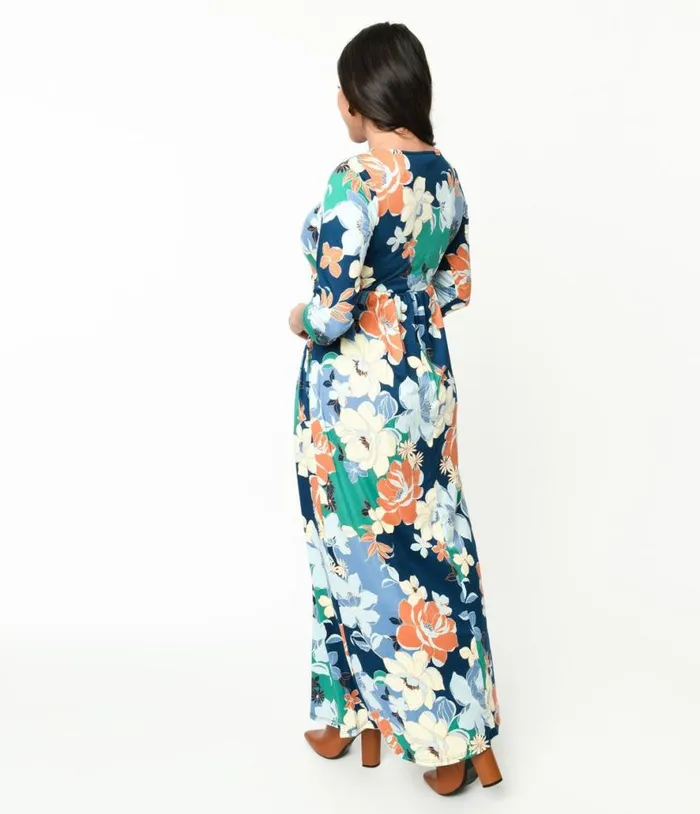 1970s Navy and Multicolor Floral Knit Maxi Dress DressesPlus Unique Vintage Midi and Maxi