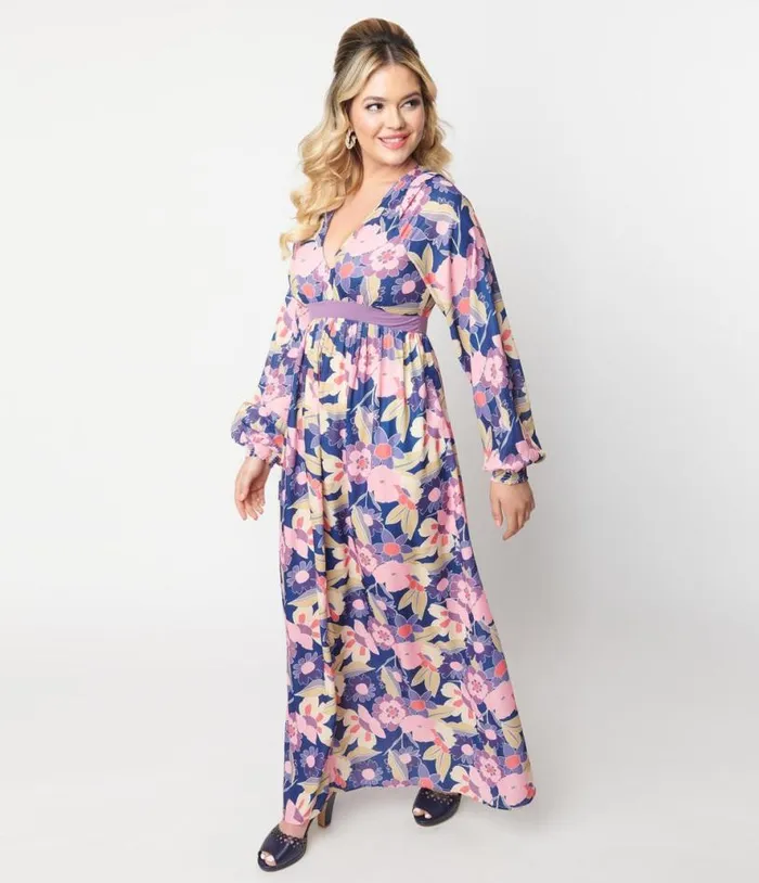 1970s Navy and Purple Floral Print Buttercup Maxi Dress Dresses Unique Vintage Maxi 1970s Navy and Purple Floral Print Buttercup Maxi Dress Dresses Unique Vintage Maxi