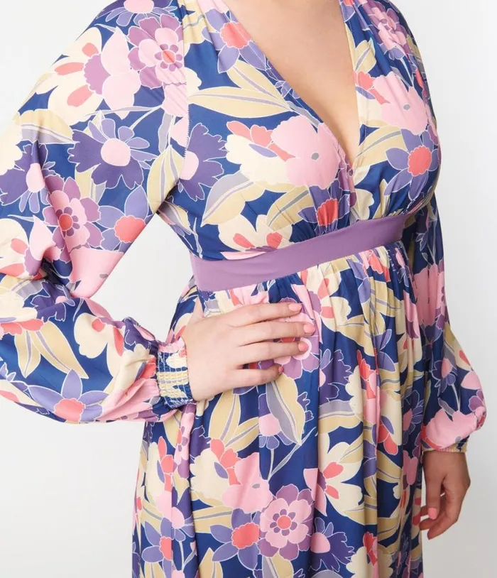 1970s Navy and Purple Floral Print Buttercup Maxi Dress Dresses Unique Vintage Maxi