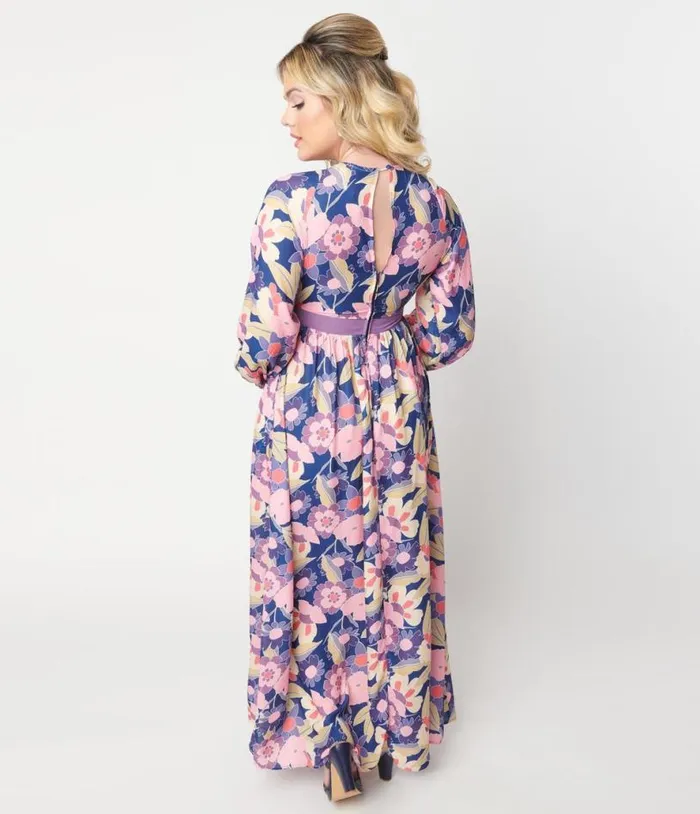 1970s Navy and Purple Floral Print Buttercup Maxi Dress Dresses Unique Vintage Maxi