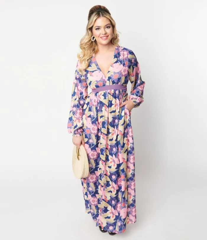 1970s Navy and Purple Floral Print Buttercup Maxi Dress Dresses Unique Vintage Maxi