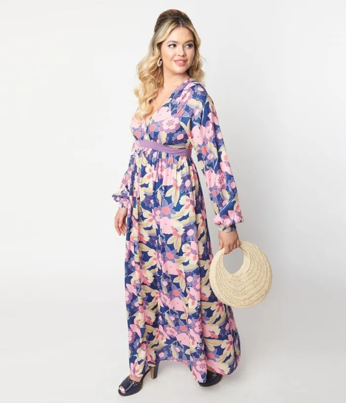 1970s Navy and Purple Floral Print Buttercup Maxi Dress Dresses Unique Vintage Maxi