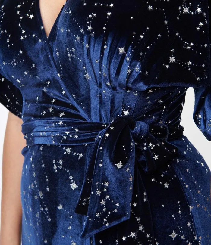 1970s Navy and Silver Stars Velvet Wrap Midi Dress Dresses Unique Vintage Wrap Dresses