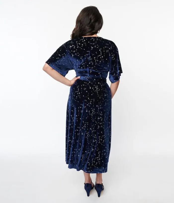 1970s Navy and Silver Stars Velvet Wrap Midi Dress Dresses Unique Vintage Wrap Dresses