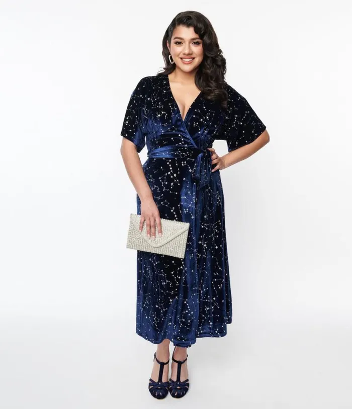 1970s Navy and Silver Stars Velvet Wrap Midi Dress Dresses Unique Vintage Wrap Dresses