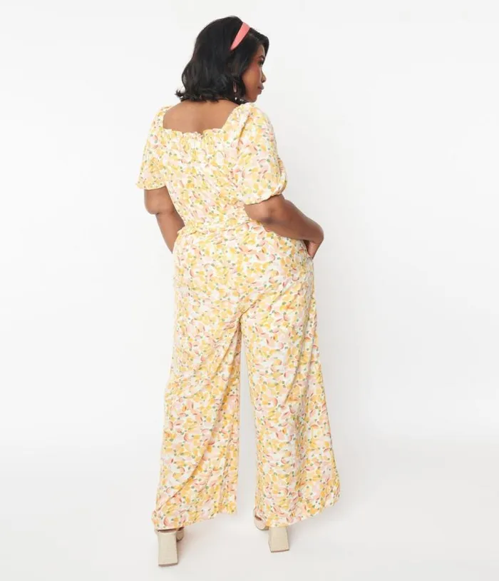 1970s Orange and Pink Brush Strokes Puff Sleeve Jumpsuit ClothingPlus Unique Vintage Rompers and Jumpsuits
