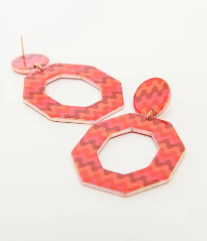 1970s Orange and Red Chevron Octagon Earrings Accessories Unique Vintage Earrings