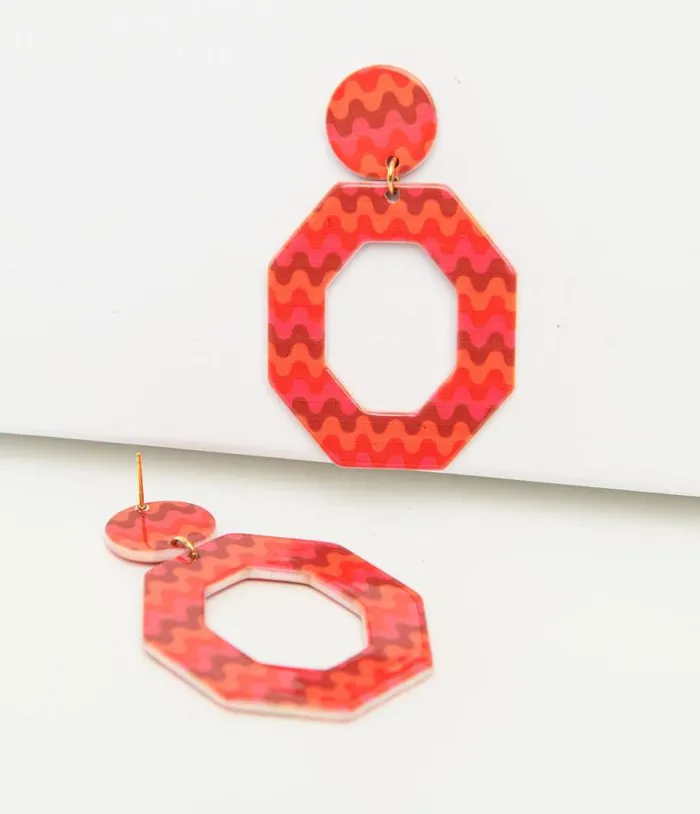 1970s Orange and Red Chevron Octagon Earrings Accessories Unique Vintage Earrings