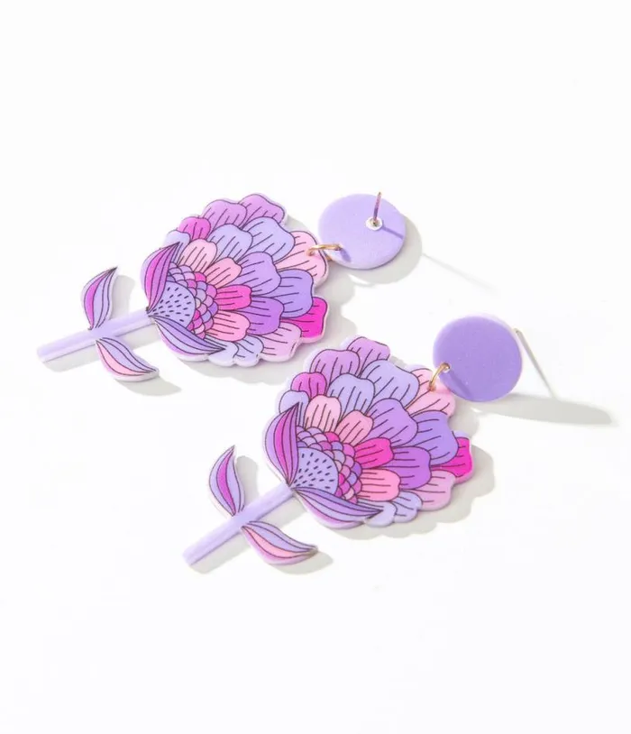 1970s Purple Flower Bloom Earrings Accessories Unique Vintage Earrings