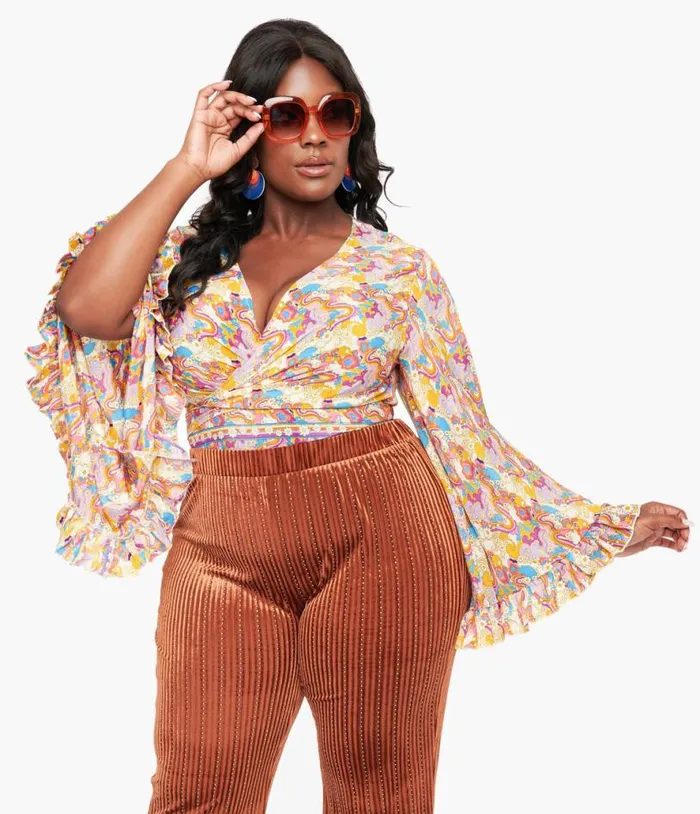 1970s Rainbow Floral Silk Bell Sleeve Wrap Simona Top ClothingPlus Unique Vintage Blouses 1970s Rainbow Floral Silk Bell Sleeve Wrap Simona Top ClothingPlus Unique Vintage Blouses