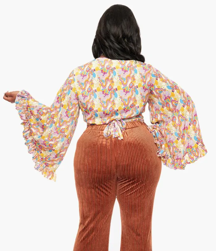 1970s Rainbow Floral Silk Bell Sleeve Wrap Simona Top ClothingPlus Unique Vintage Blouses