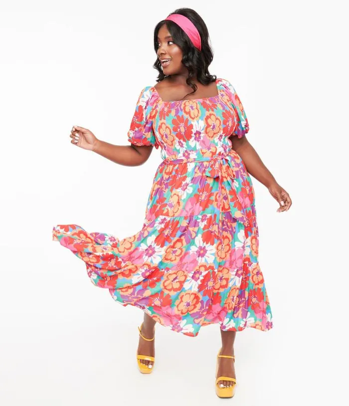 1970s Red and Pink Abstract Floral Midi Dress Dresses Unique Vintage Midi