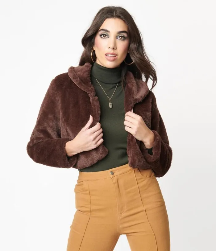 1970s Retro Style Brown Faux Fur Crop Jacket Clothing Unique Vintage Coats and Jackets 1970s Retro Style Brown Faux Fur Crop Jacket Clothing Unique Vintage Coats and Jackets
