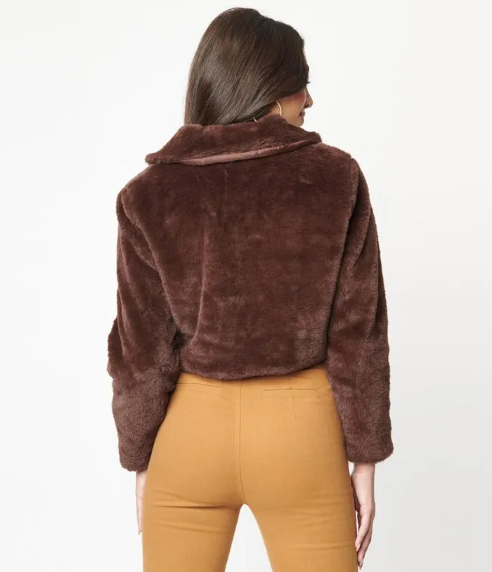 1970s Retro Style Brown Faux Fur Crop Jacket Clothing Unique Vintage Coats and Jackets