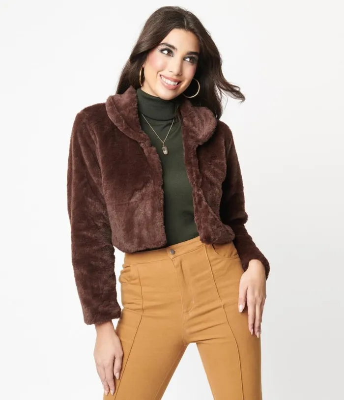 1970s Retro Style Brown Faux Fur Crop Jacket Clothing Unique Vintage Coats and Jackets