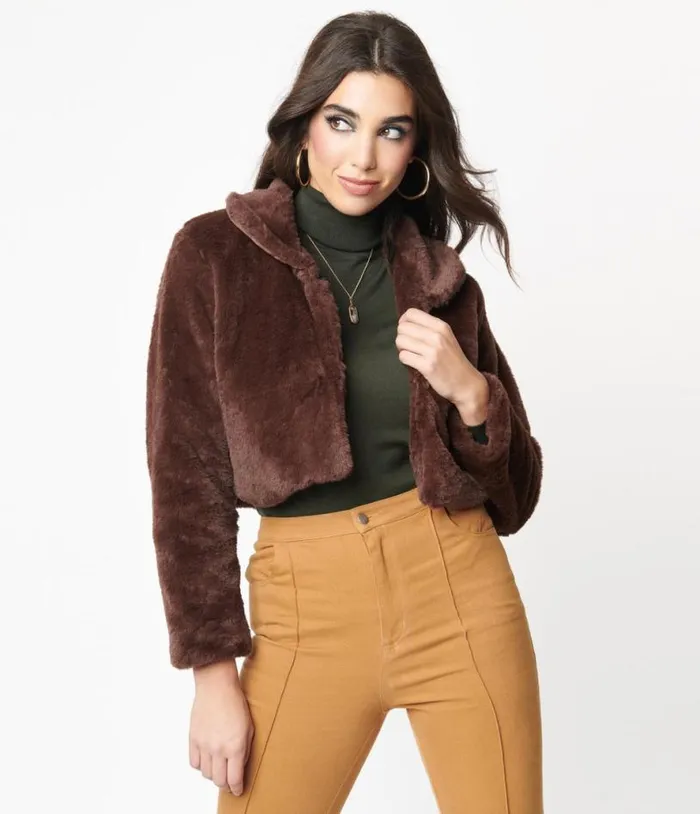 1970s Retro Style Brown Faux Fur Crop Jacket Clothing Unique Vintage Coats and Jackets