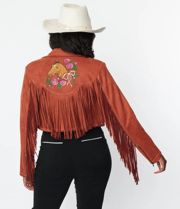 1970s Rust Suede and Embroidered Horse Cattle Call Jacket Clothing Unique Vintage Coats and Jackets