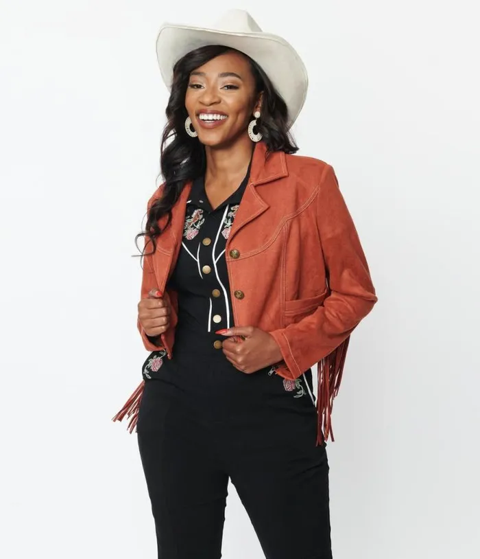 1970s Rust Suede and Embroidered Horse Cattle Call Jacket Clothing Unique Vintage Coats and Jackets