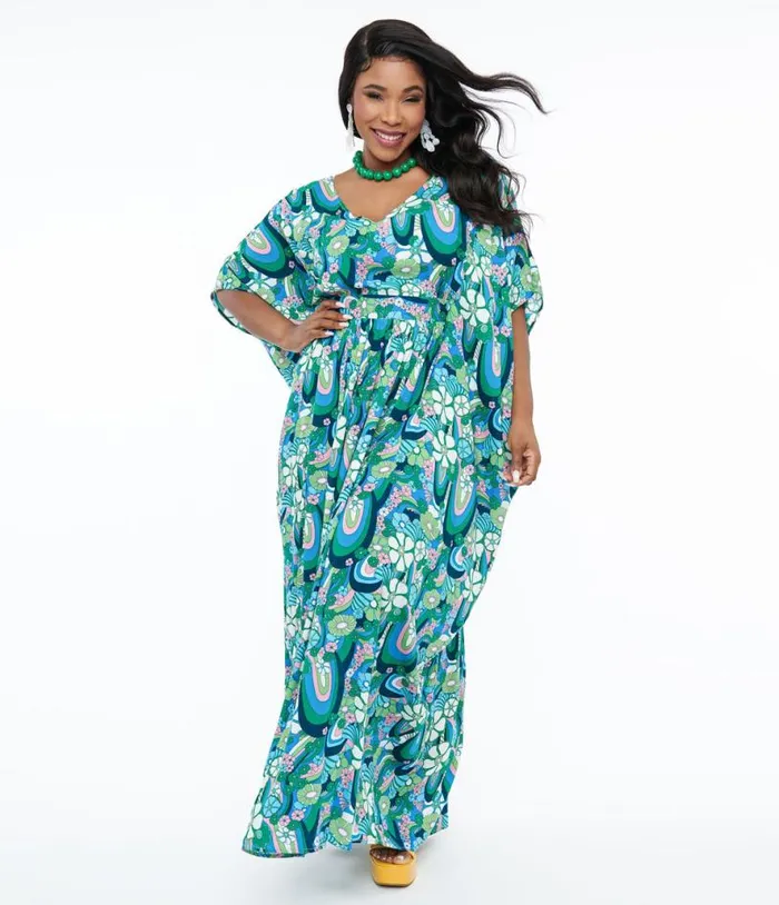 1970s Teal Psychedelic Floral Burton Caftan Dress DressesPlus Unique Vintage Midi and Maxi 1970s Teal Psychedelic Floral Burton Caftan Dress DressesPlus Unique Vintage Midi and Maxi